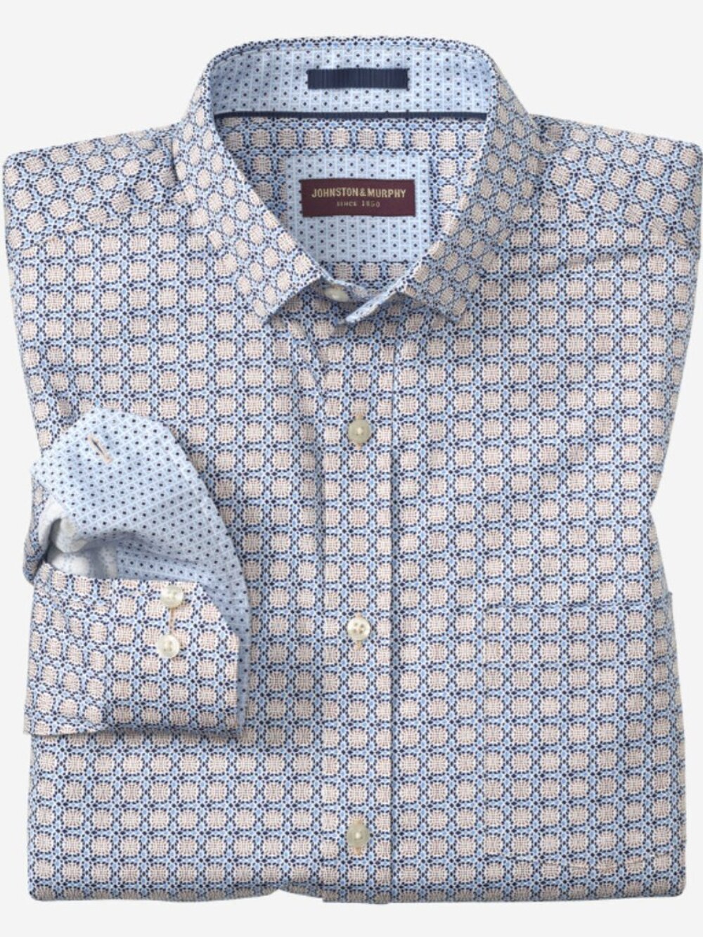 Johnston & Murphy XXL Printed Cotton Shirt Blue Tile Convertible Cuffs